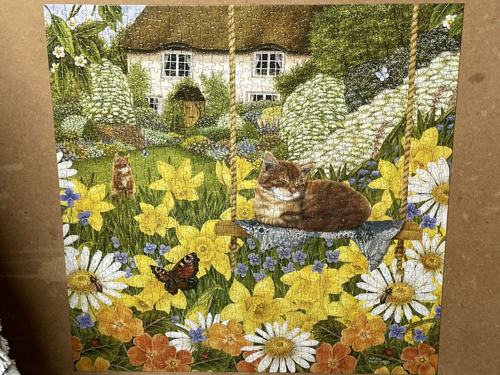 Puzzle 1000 Jigsaw Flower Garden by Anne Mortimer Ogród Kwiaty Koty