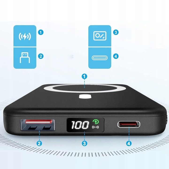 Powerbank 10000 mAh PODORU KT-D003 czarny wyświetlacz LED, indujcjs