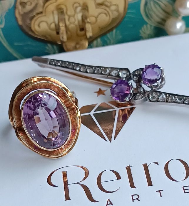 Art nouveau Francja broszka złoto 18 k srebro diamenty 0.50ct ametysty