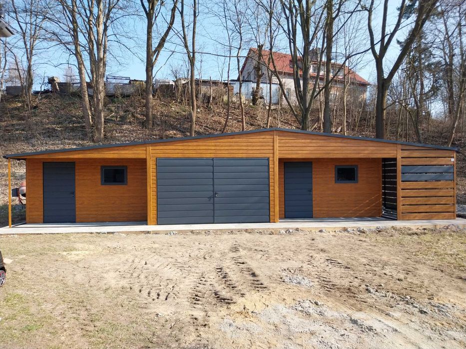 Garaż blaszany drewnopodobny 14x5 wiata panelowa nowoczesne garaże