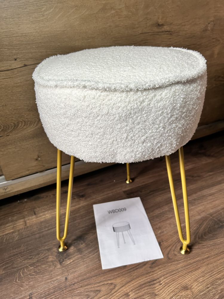 Pufa mała taboret baranek biała - złota Teddy