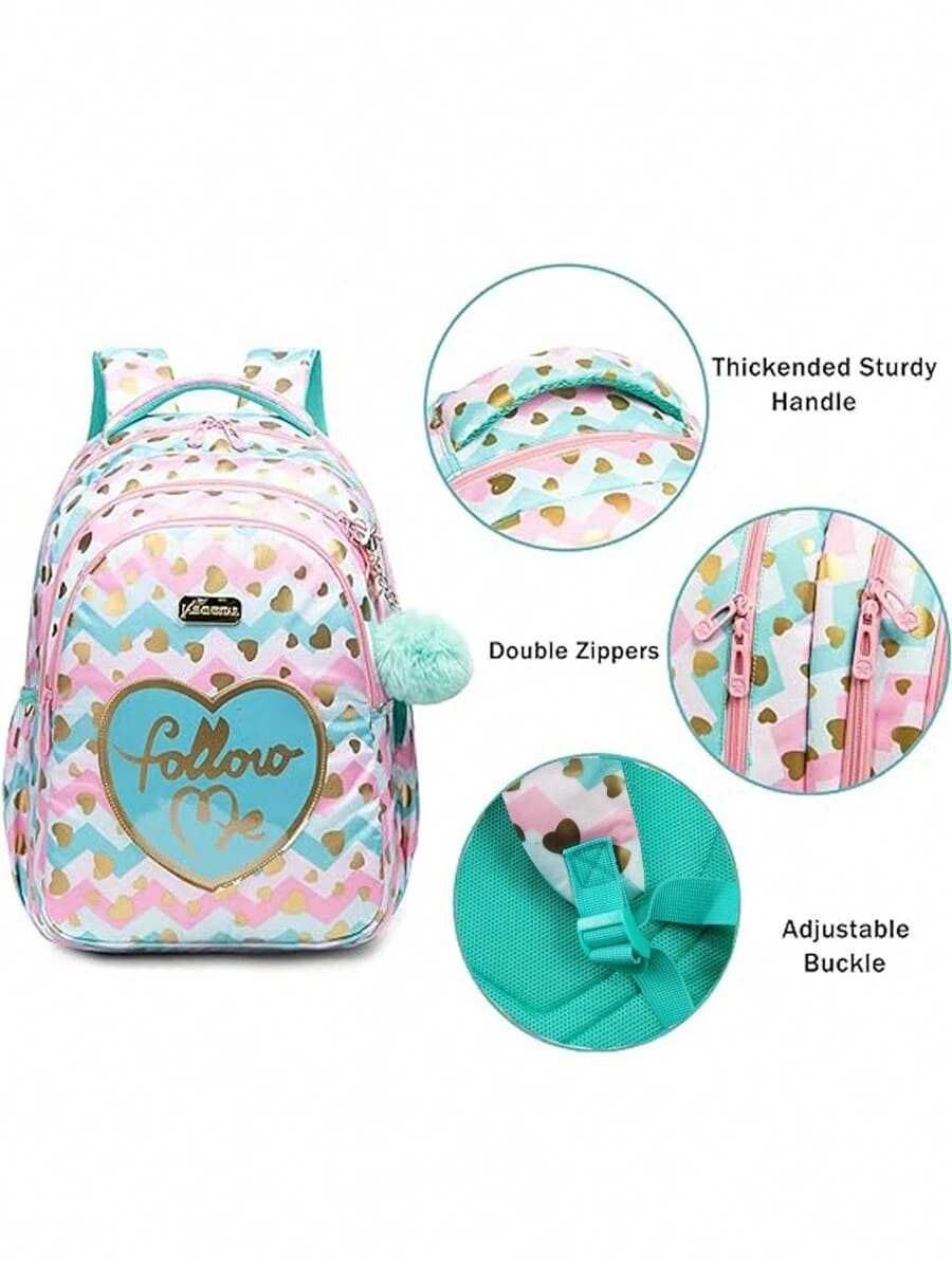 Pack Escolar rosa e verde com coração 3 peças