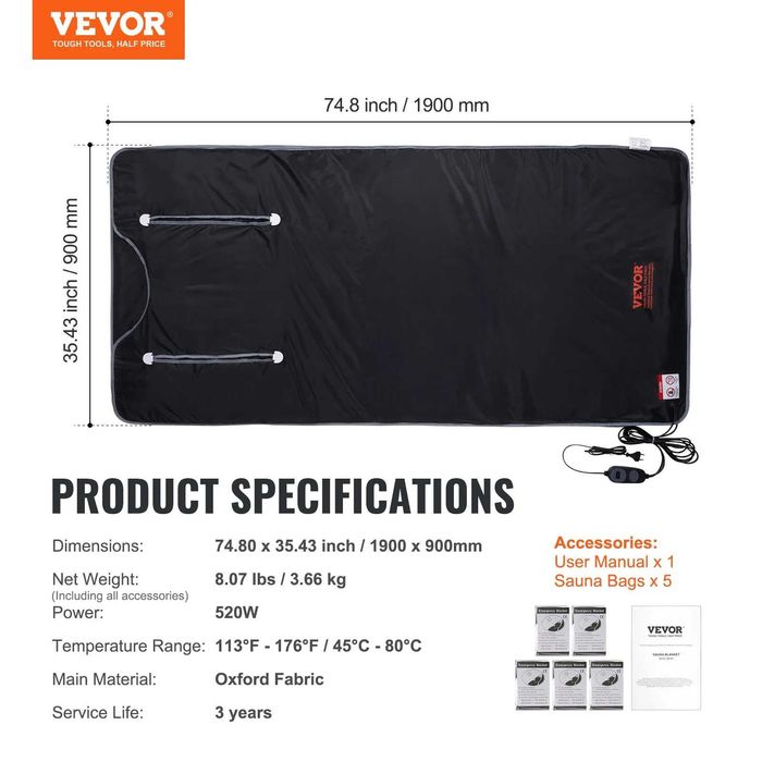 Koc do sauny na podczerwień VEVOR 520 W 1900 x 900 mm  1-6  POZ