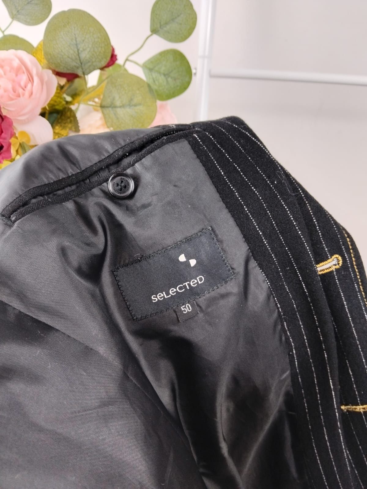 Wełniana marynarka prążkowana żakiet garnitur denim jeans dżins klasyk