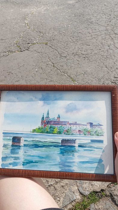 Obraz Wawel Kraków malowany akwarela PRL vintage