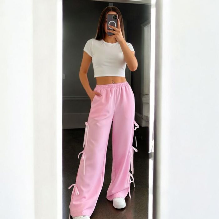 Różowe spodnie damskie baggy luźne z wstążkami nowe