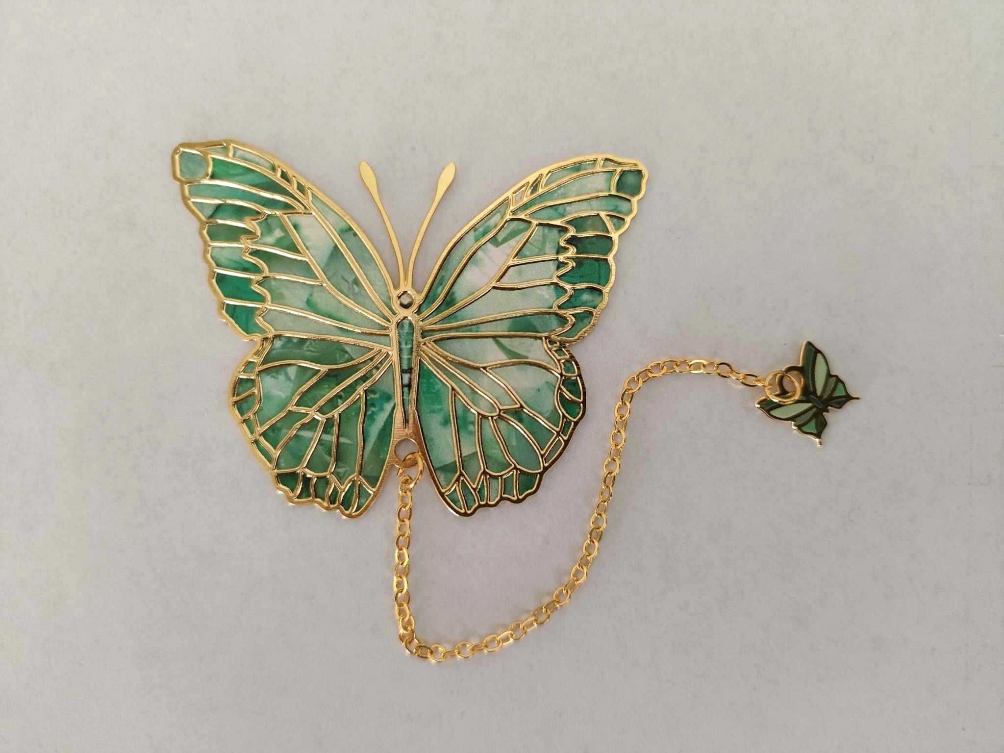 Wyjątkowa Złota Zakładka do książki MOTYL zielony z łańcuszkiem
