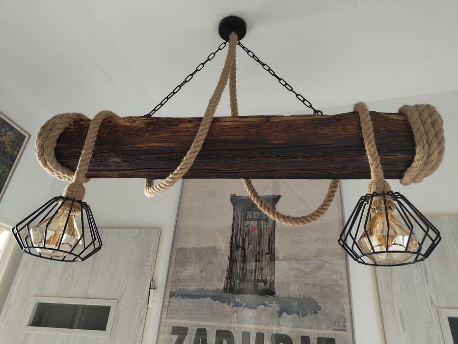 Lampa sznur jutowy 2xe27 belka rustykalna loft handmade klosze