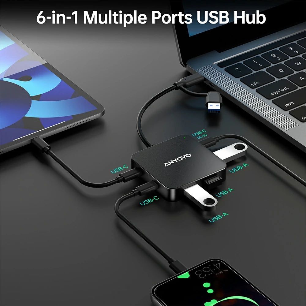Док-станція Anyoyo 6-в-1 з 2 USB-C та 3 USB-A, 5 Гбіт/с