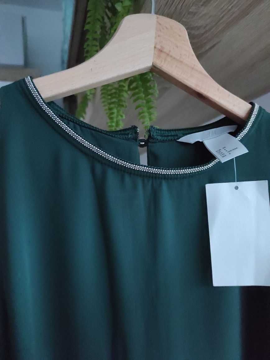 Nowa sukienka H&M, rozm 36/S, butelkowa zieleń, ozdobny dekolt