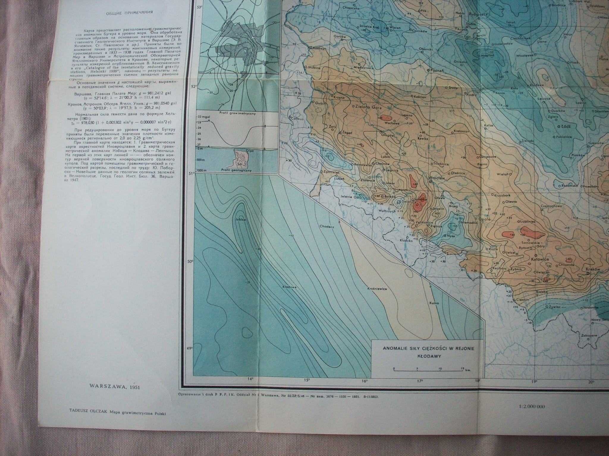 Mapa grawimetryczna Polski, T.Olczak, 1951.