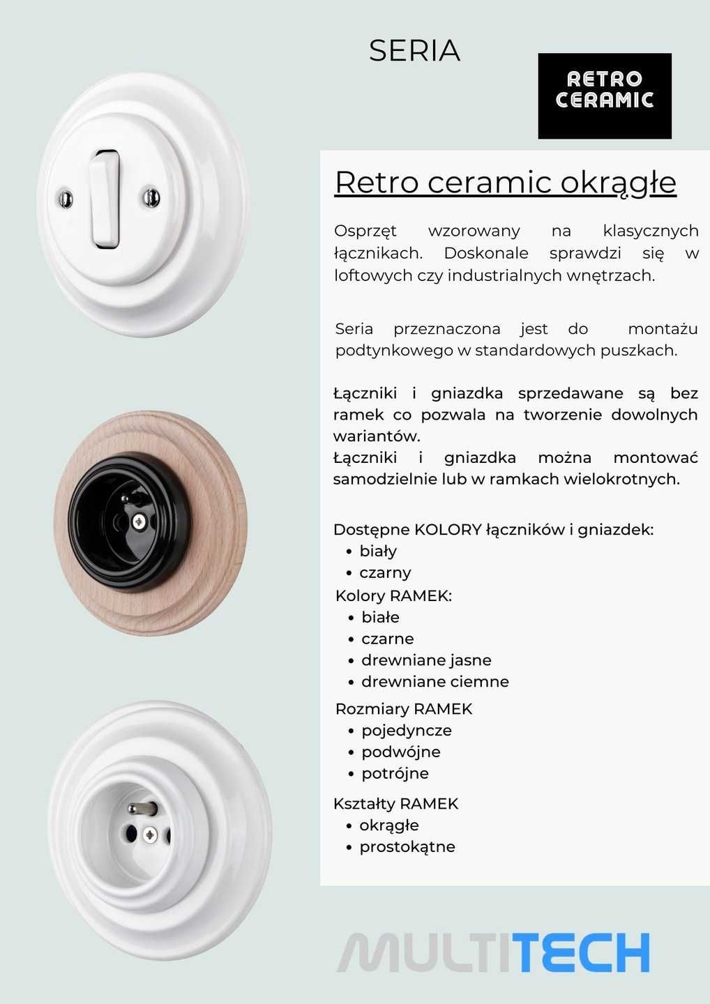RETRO Włącznik pojedynczy podtynk Czarna Ceramika z ramką Jasne Drewno
