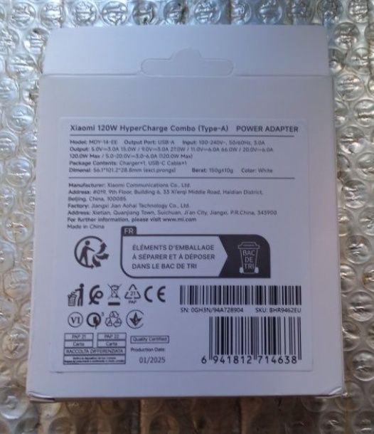 Carregador rápido QC 120 W Xiaomi HyperCharge Combo com cabo. Novo