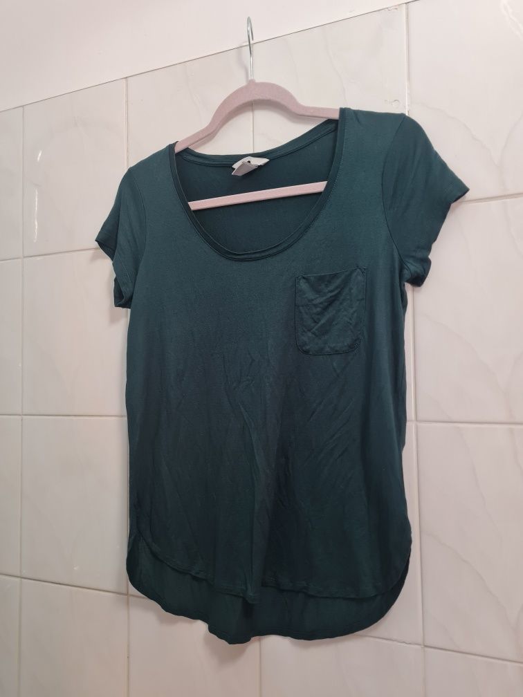 T-shirt z kieszonką na piersi h&m zielona koszulka
