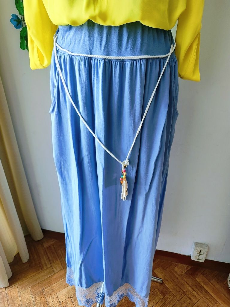 Boho maxi spódnica błękitna z koronką 100% wiskoza one size