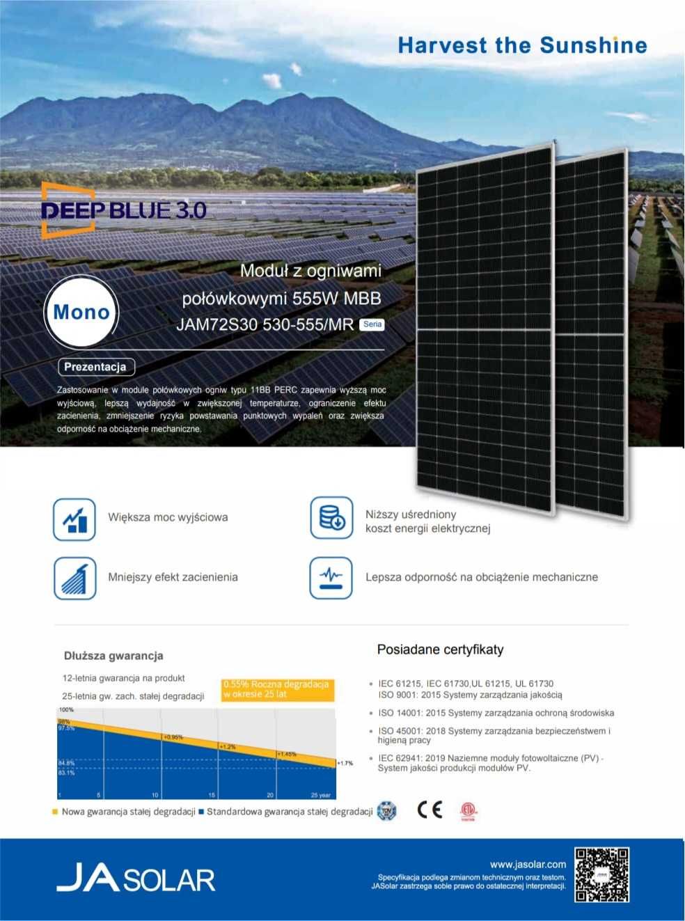 JA SOLAR 550W 276zł netto panele fotowoltaiczne JAM72S30-550/MR