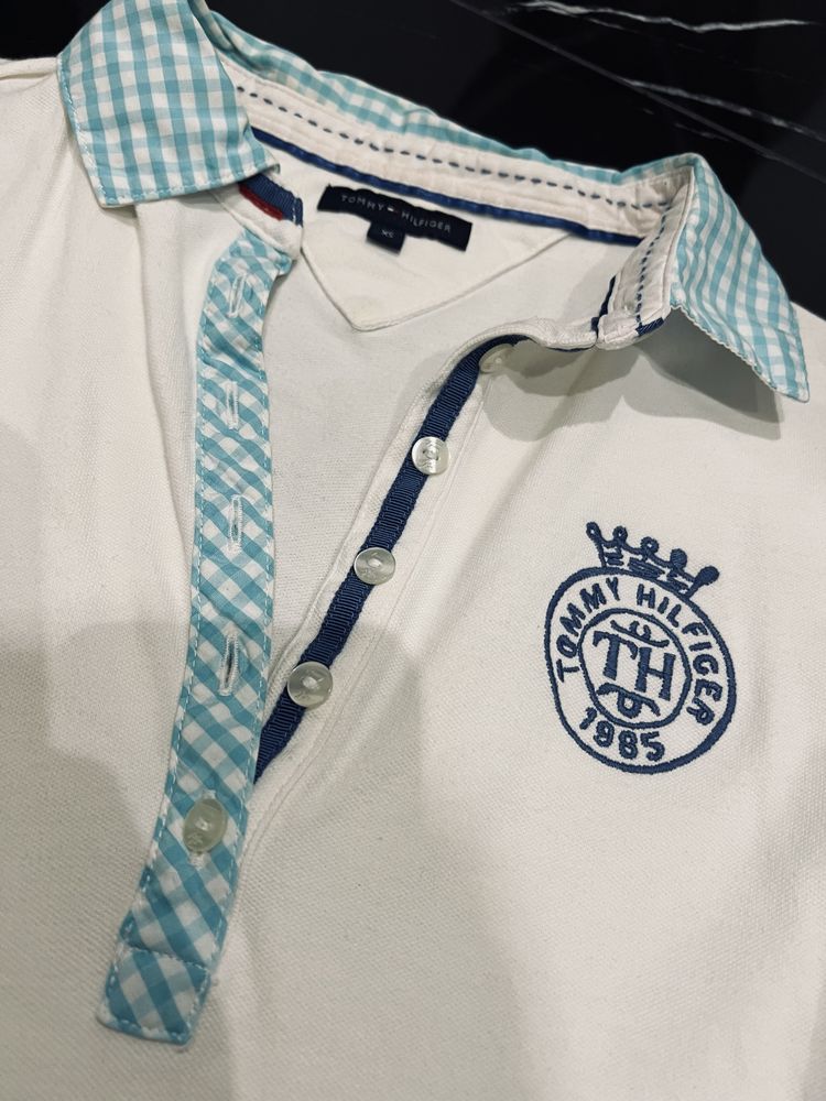 Koszulka Polo biała błękit Tommy Hilfiger r. XS logo kołnierzyk