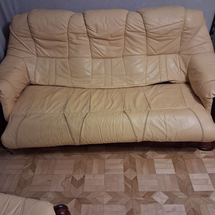 Sofa + 2 fotele   dąb/skóra