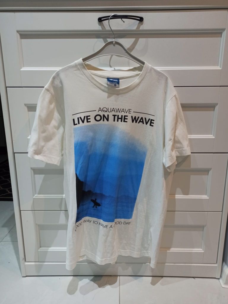 Koszulka t-shirt męski krótki rękaw biały niebieski wave aqua M