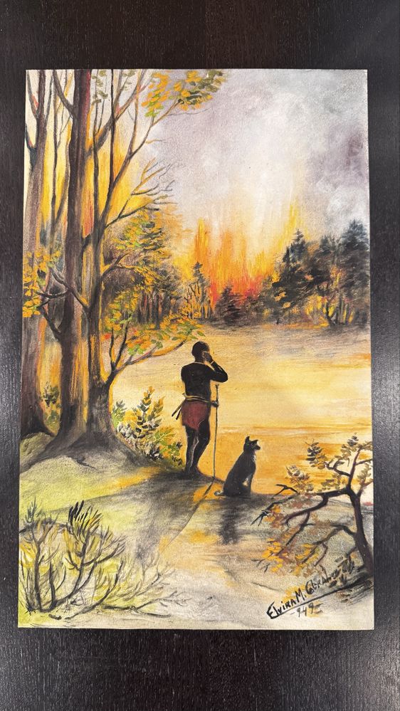 Quadro original vintage (1945) – Cena africana com incêndio florestal