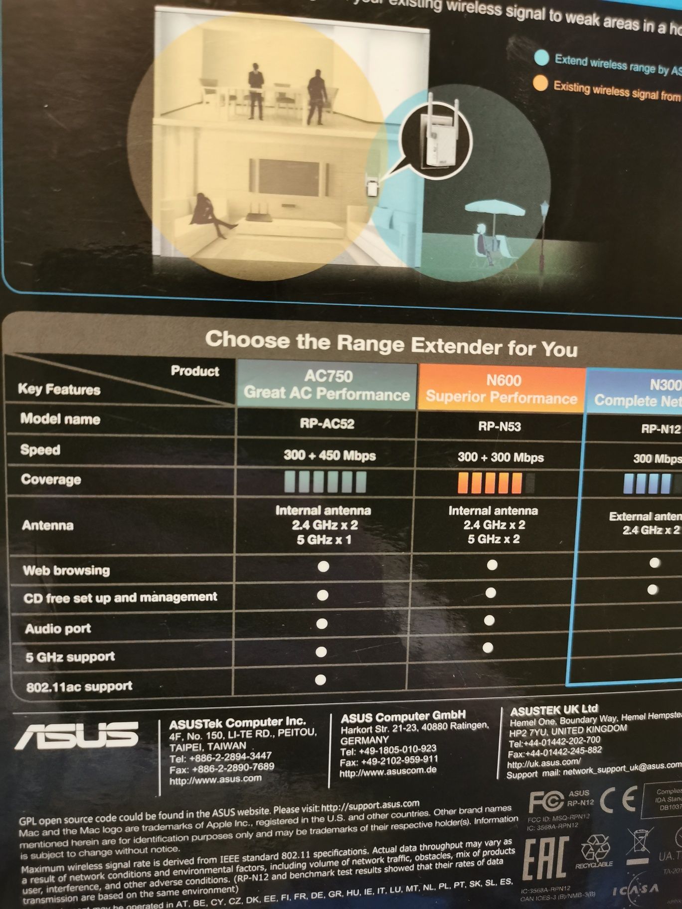 Wzmacniacz WiFi Asus RP-N12 Wireless -N300 pudełko dowód zakupu