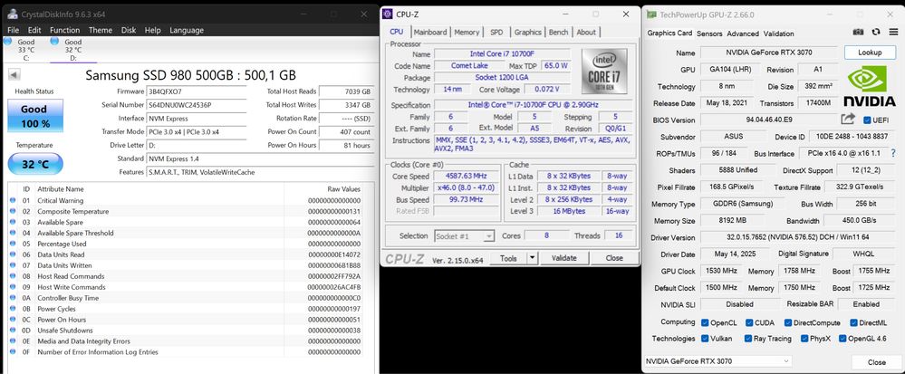 RTX 3070, i7 10700f, DDR4 32gb, 500+250GB SSD