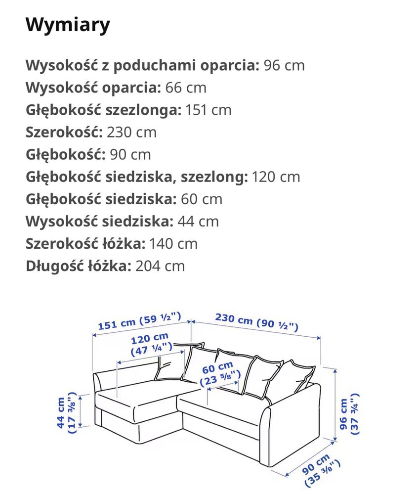 Narożnik kanapa sofa IKEA HOLMSUND szary / rozkładany