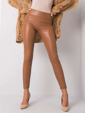 Legginsy damskie skóra camel brązowy jak nowe spodnie S M L XL