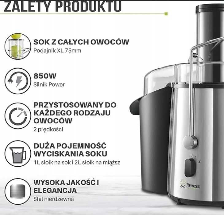 Sokowirówka Odśrodkowa Twinzee 850W 2 prędkości – Szybka i Wydajna