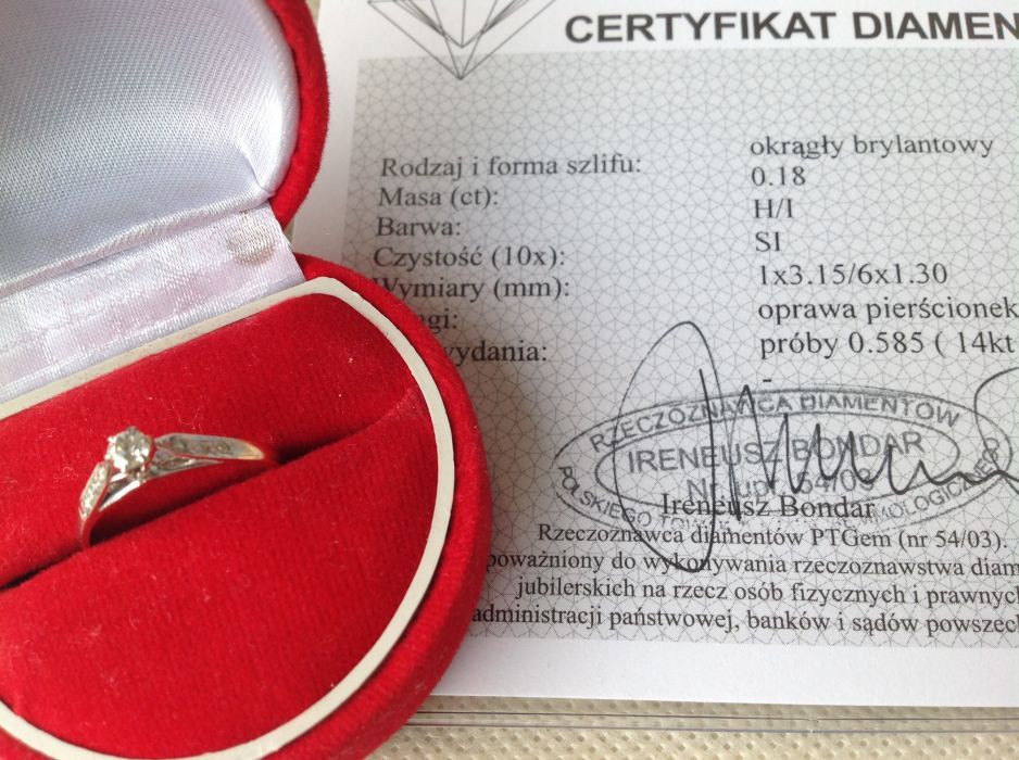 brylant pierścionek zareczynowy w białym złocie 14 k. z certyfikatem