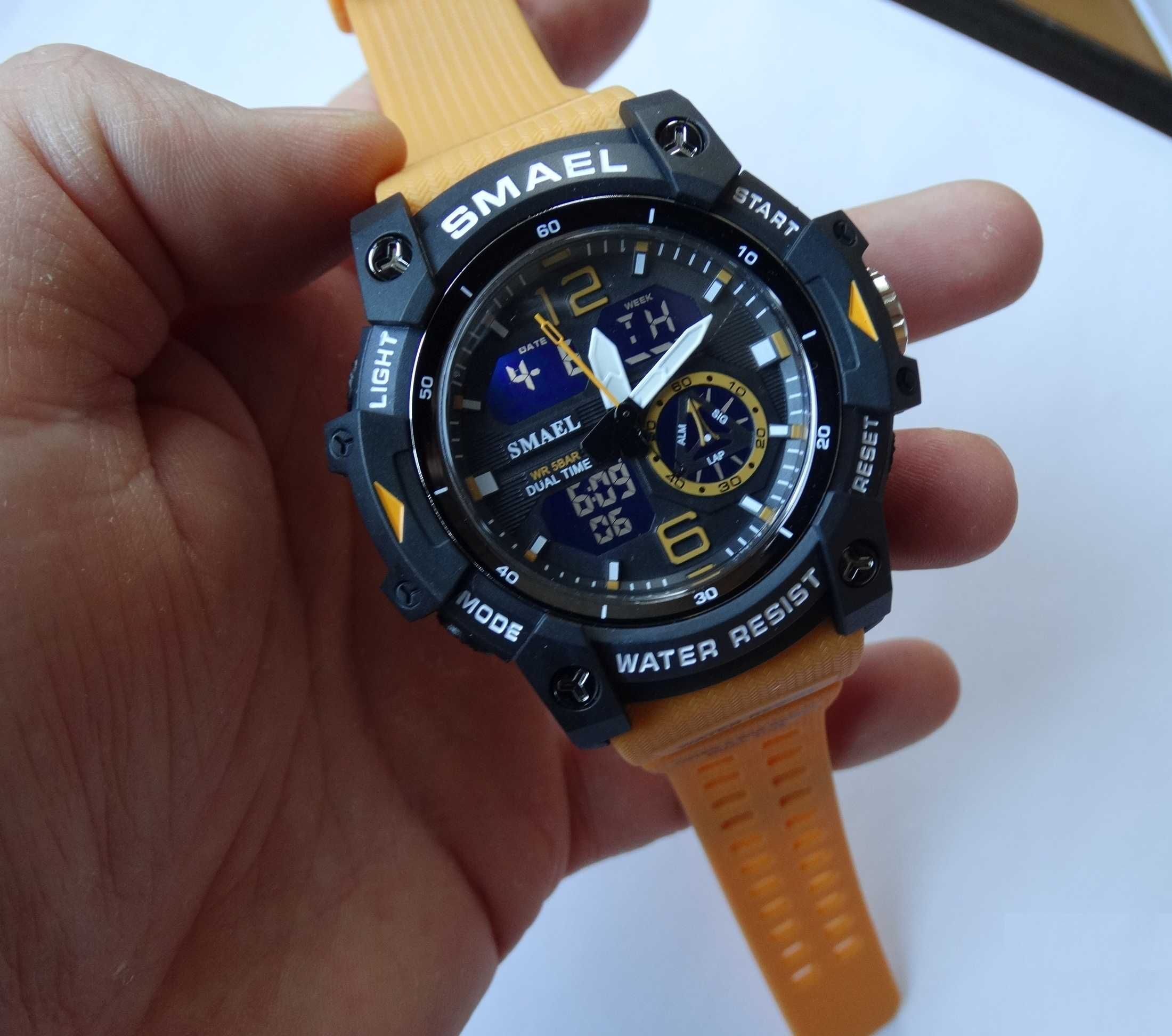 Duży wojskowy Zegarek Smael pomarańczowy analogowo cyfrowy LED WR50