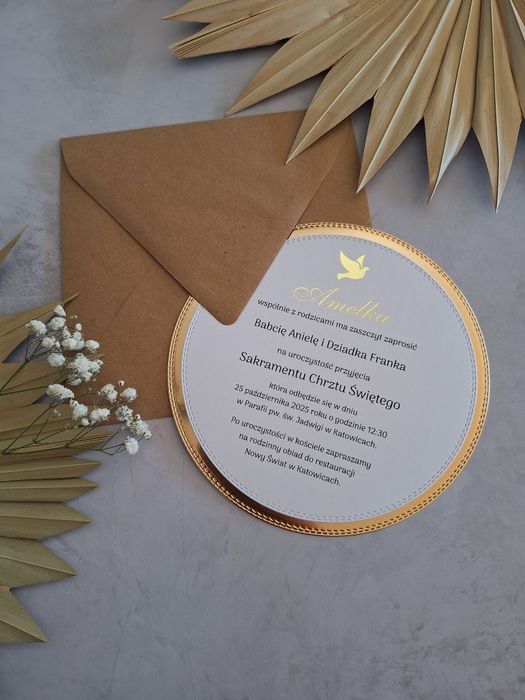 Zaproszenia na Chrzest Święty złocone 15 cm średnica