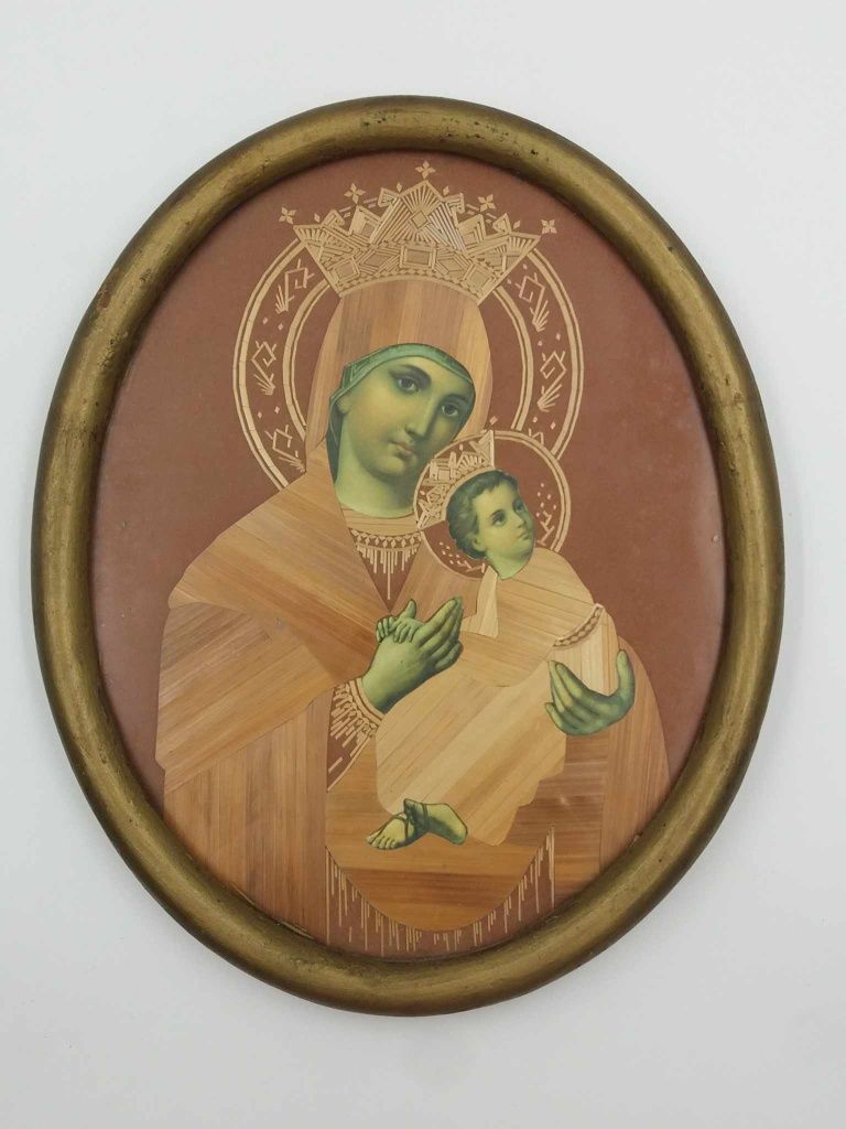 Stary obrazek Matka Boska wykonany z kawałków wikliny piękna ręczna ro