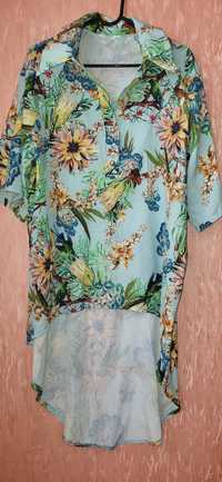 Туника рубашка блуза с воротником XL голубая