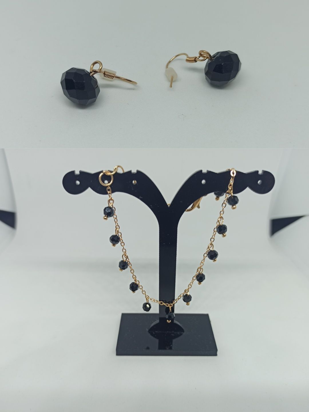 Komplet biżuterii kryształkowej: czarne kolczyki+bransoletka
