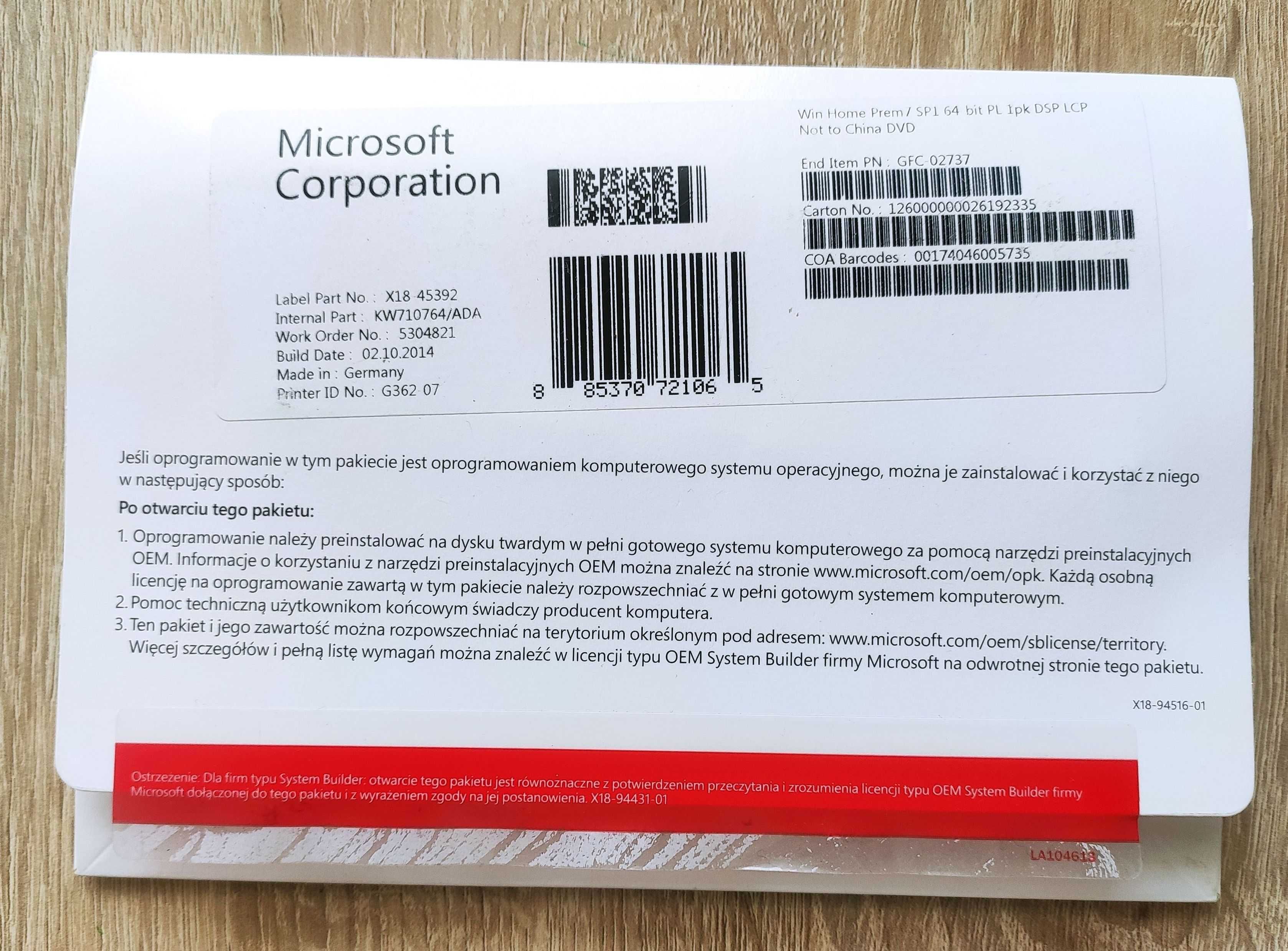 Windows 7 Home Premium SP1 64-bit PL system płyta