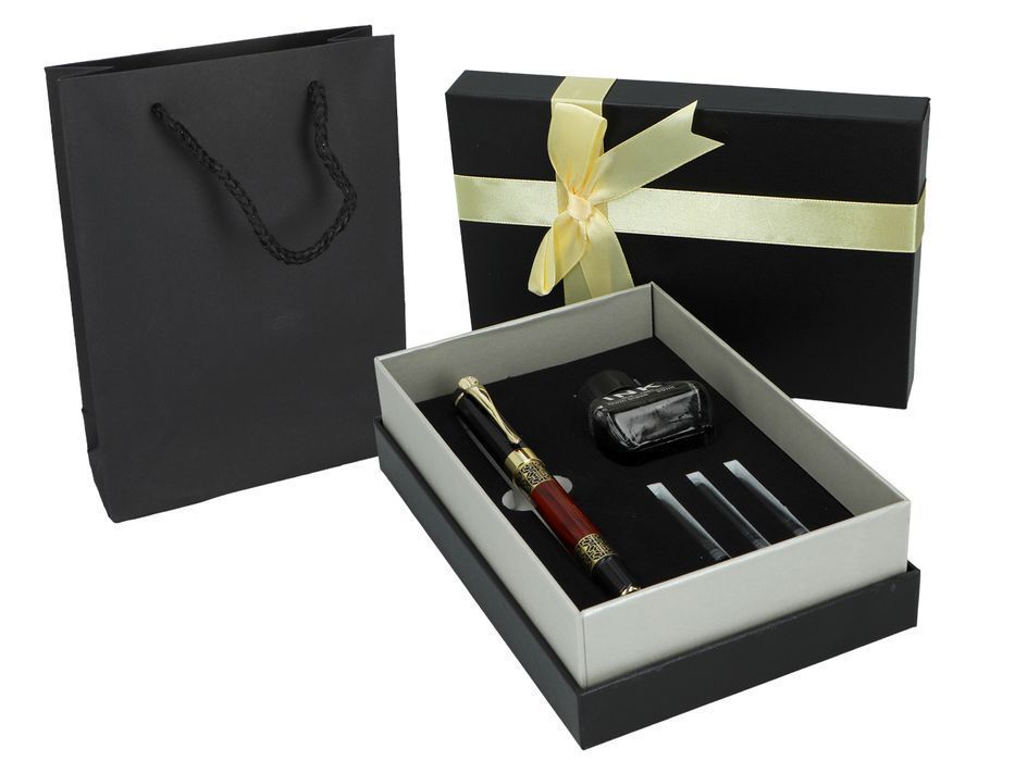 Pióro wieczne w ozdobnym etui, bordowe + tusz i naboje