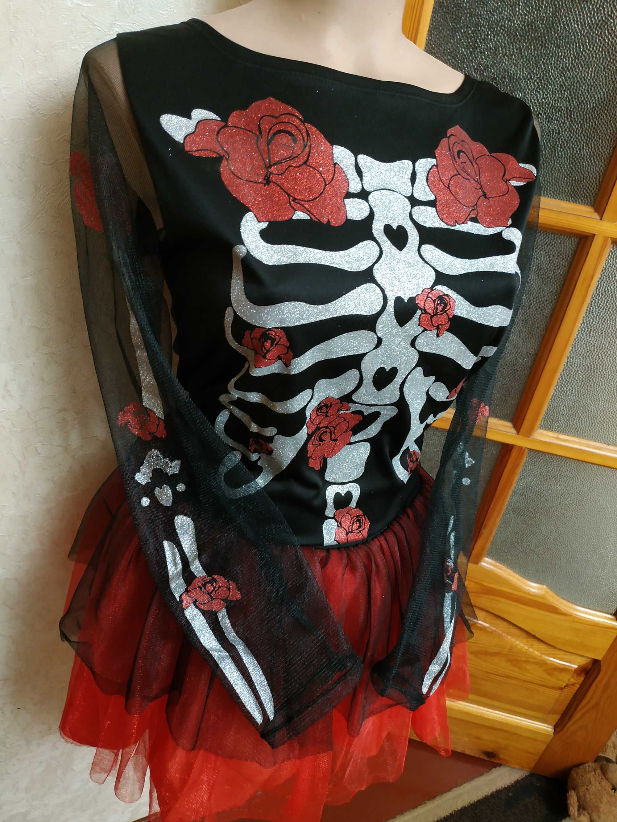 Карнавальное платье для девочек скелет и красные розы, рок, готическое