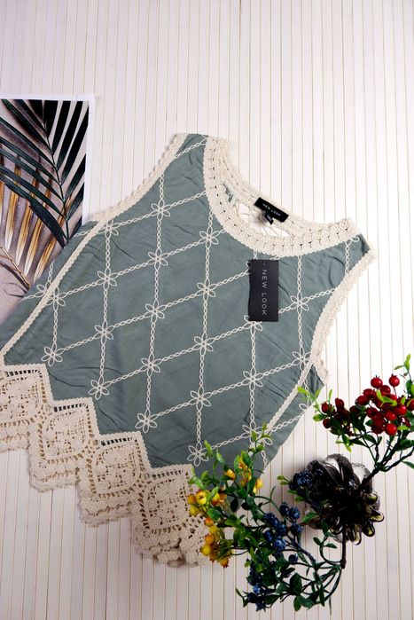 Майка мятная ажурная футболка фисташковая с вышивкой Германия L топ