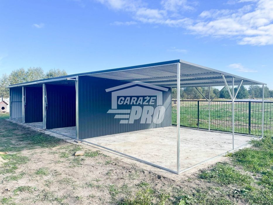 Garaż blaszany 9x6 + wiata 3x6 antracyt + jasny orzech   GP226