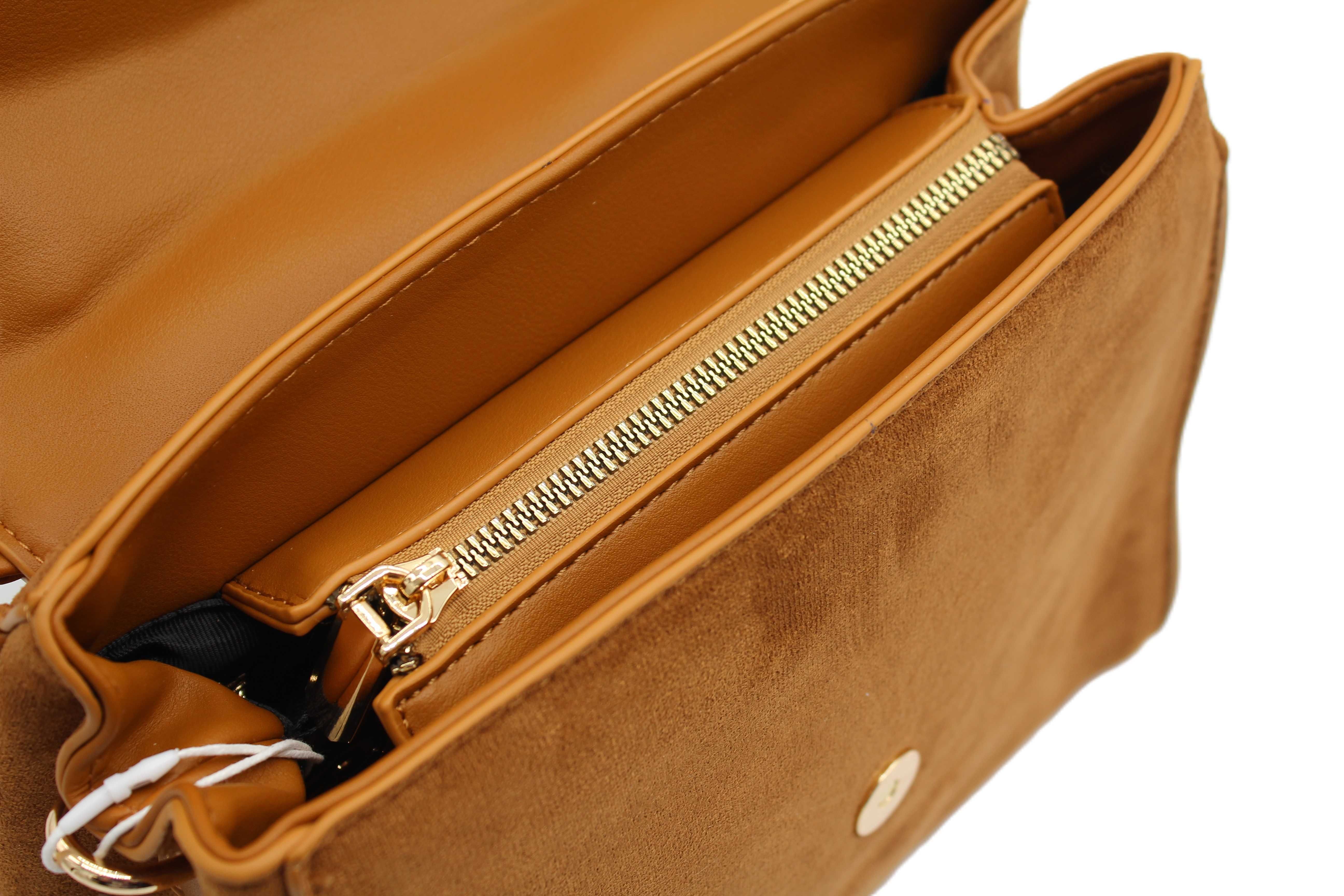 Brązowa torebka damska kuferek Kassandra z imitacji zamszu skórkowa