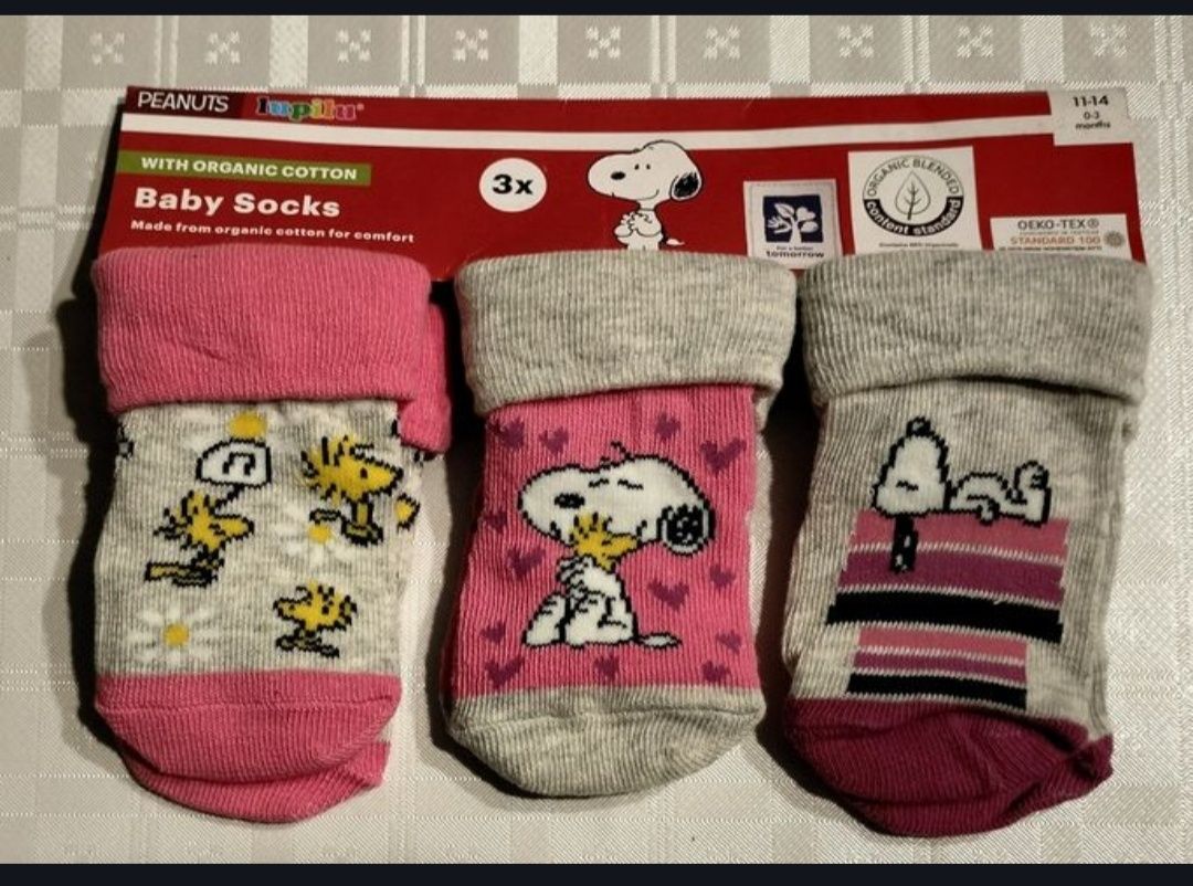 Skarpetki niemowlęce z bawełną 3 pary rozmiar 11-14 Snoopy, róż