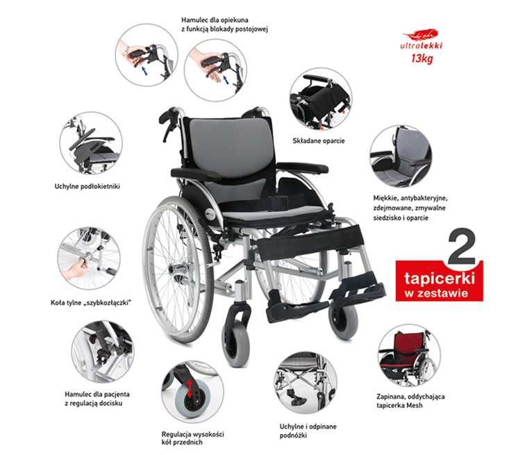 NOWY Wózek inwalidzki aluminiowy ERGONOMIC- 2 TAPICERKI !!!