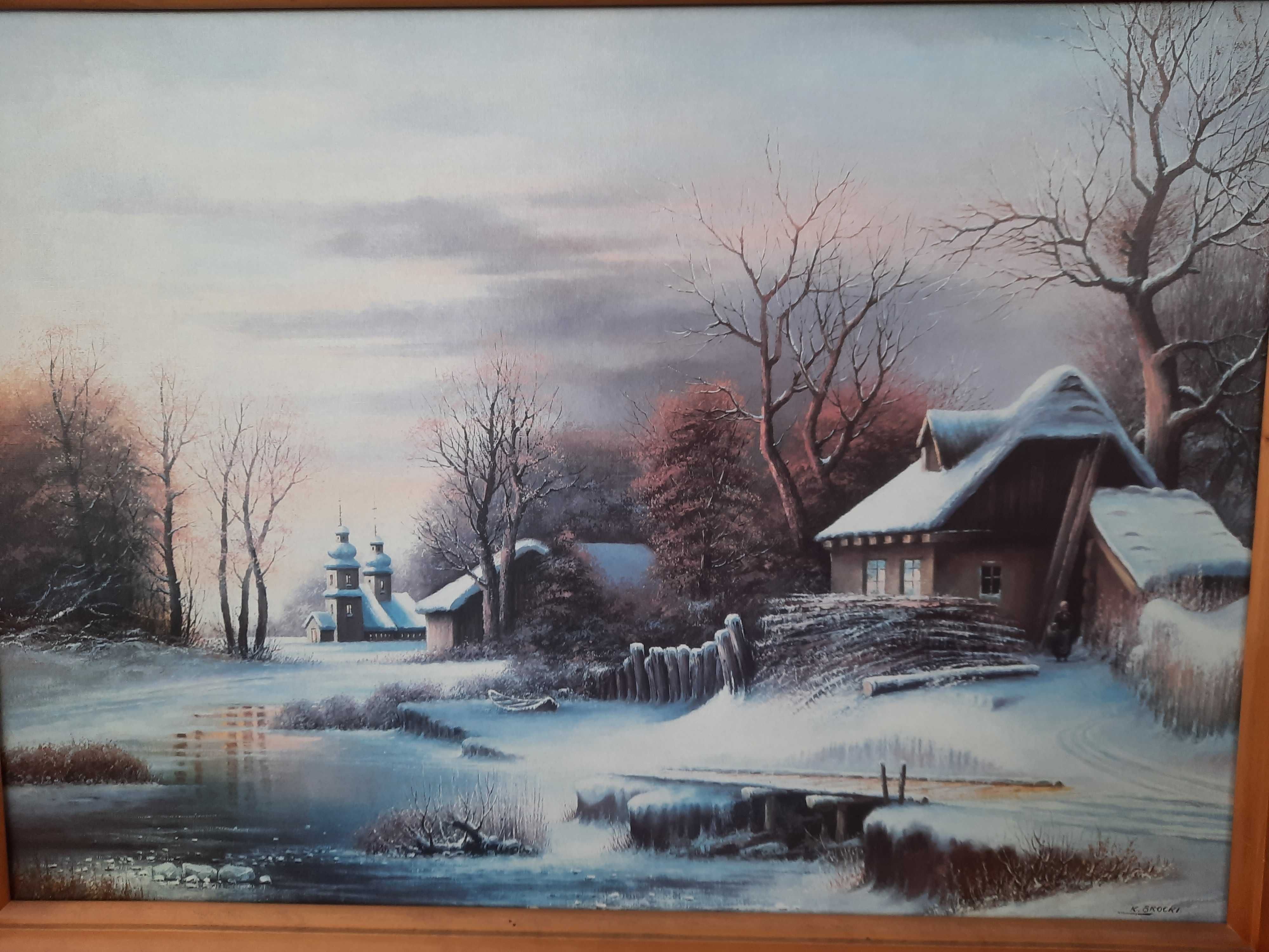 stary zabytkowy obraz Piękna Zima, Rzeka, Chata