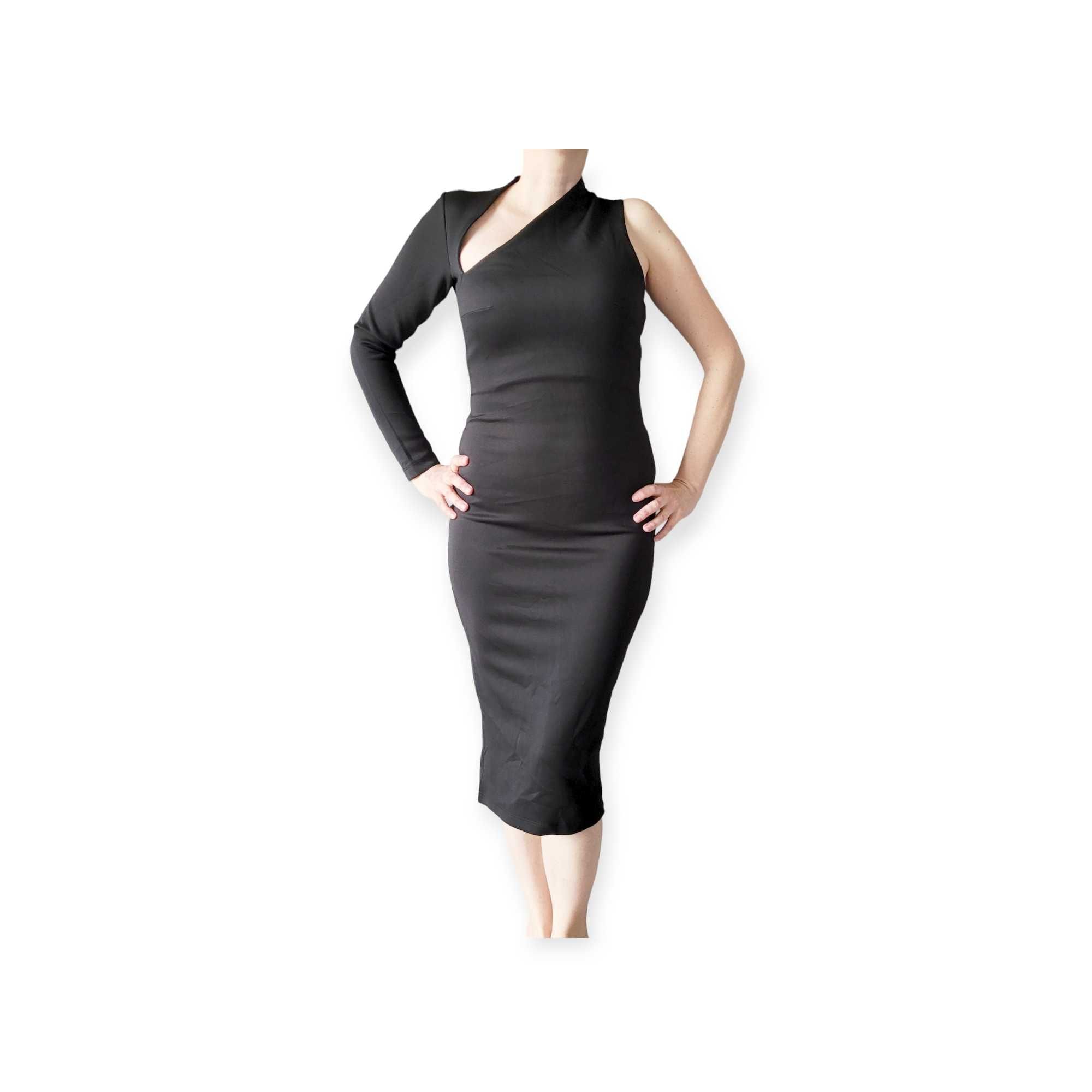 Czarna oryginalna asymetryczna sukienka midi S M dopasowana elegancka