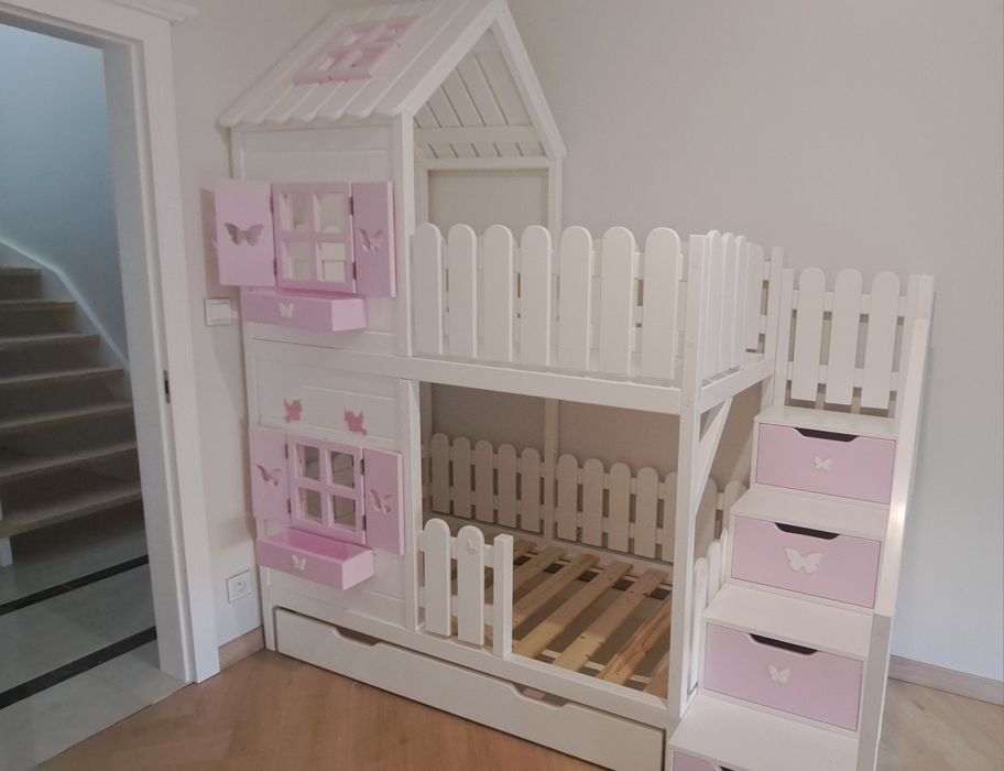 Łóżeczko domek drewniany łóżko piętrowe 80x160