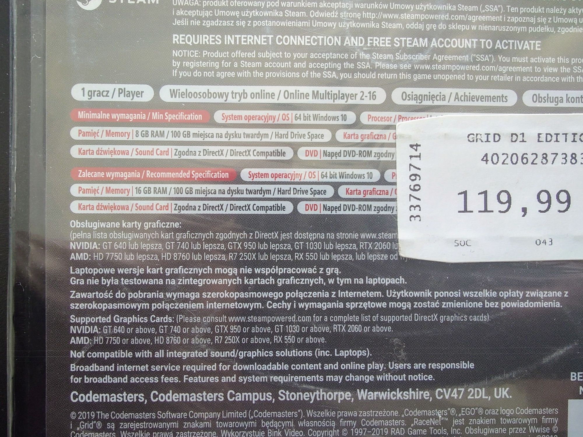 Gra nowa PC GRID DAY ONE EDITION DVD pl steam wyścig komputer racing