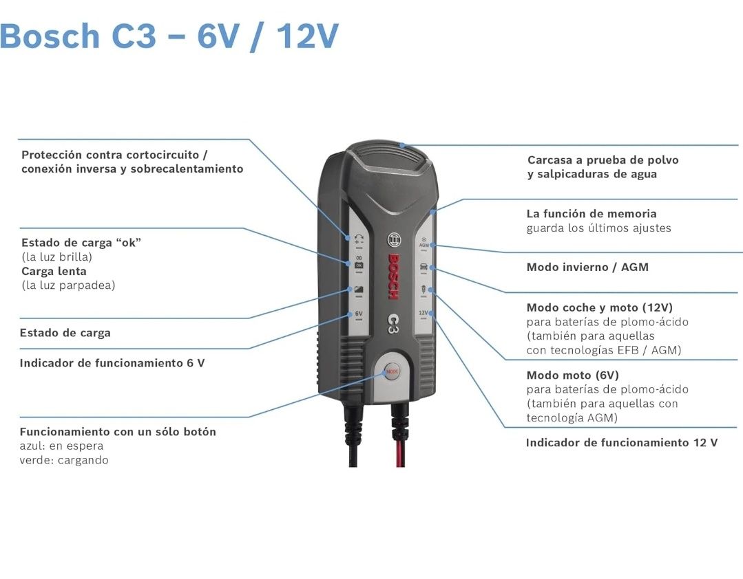 Bosch Carregador de bateria para carro e moto 12v e 6v