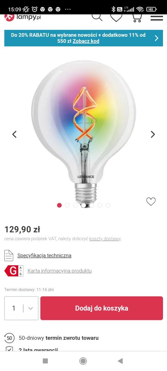 Ledvance filament globe125 e27 żarówka wi fi