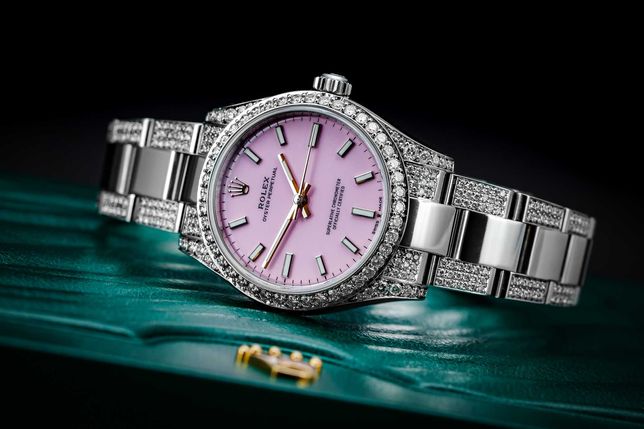 Zegarek ROLEX damski z diamentami - różowa tarcza